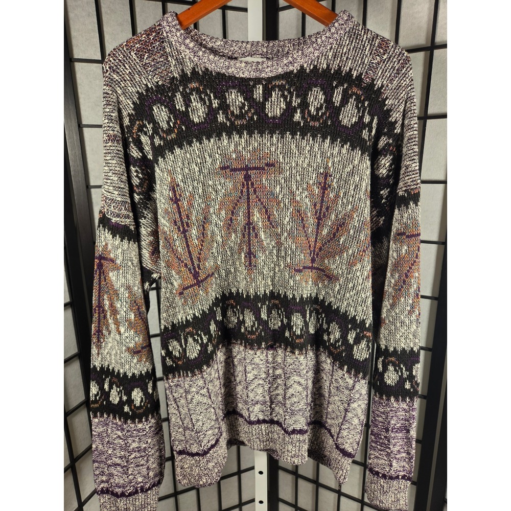 VTG Lavane NY Granola Cabin XL Knit Sweater Purple Geometric Leaf Pattern USA